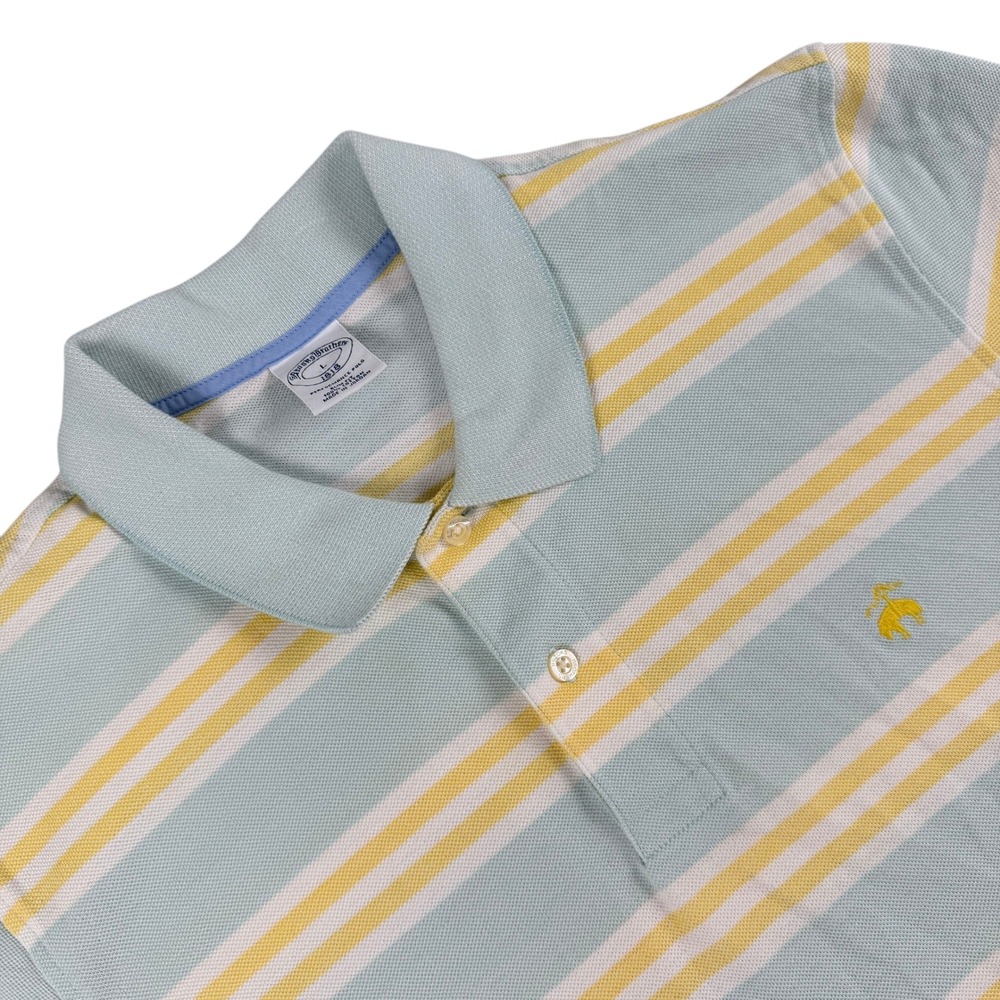 Brooks Brothers Polo Shirt Mens L Blue Yellow Stripe 1818 Slim Fit‎ Short Sleeve